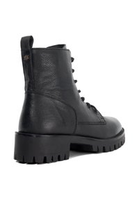 Black leather ankle boot featuring a textured finish, lace-up front, and a sturdy, chunky outsole with grooved pattern. Back pull tab included.