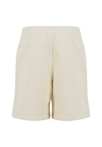 Kreminės medvilnės šortai su elastine juosta, pasižymintys paprasta, lygaus audinio struktūra ir tradicine siluetu, baigiasi virš kelių.