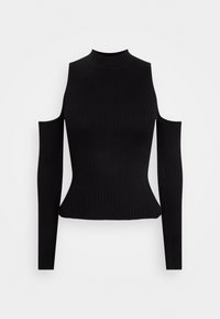 Czarny prążkowany top z długim rękawem, z wycięciem na ramieniu, stójką i dopasowanym krojem. Teksturowany materiał podkreśla kontury.