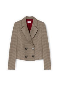 Kaksirivinen bleiseri, jossa on houndstooth-kuvio, beige ja ruskea värimaailma, mustat napit ja viininpunainen vuori.