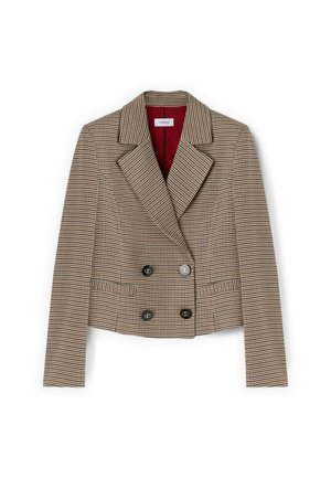 Double-breasted blazer in een pied-de-poule patroon, met een beige en bruin kleurenschema, zwarte knopen en bordeaux rode voering.