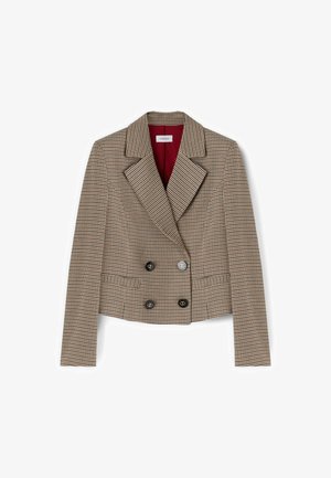 Sacou dublu cu guler, cu un model houndstooth, având o schemă de culori bej și marron, butoane negre și căptușeală burgundă.