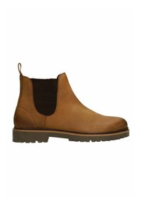 Bruine leren Chelsea-boot met ribbelige elastische zijpanelen, een pull-tab en een gestructureerde rubberen zool voor grip. Rond toelopend ontwerp.