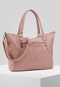 Różowa torebka z syntetycznej skóry z dwiema rączkami, kieszenią na zamek i kontrastową podszewką. Charakteryzuje się gładką fakturą i uporządkowanym kształtem.