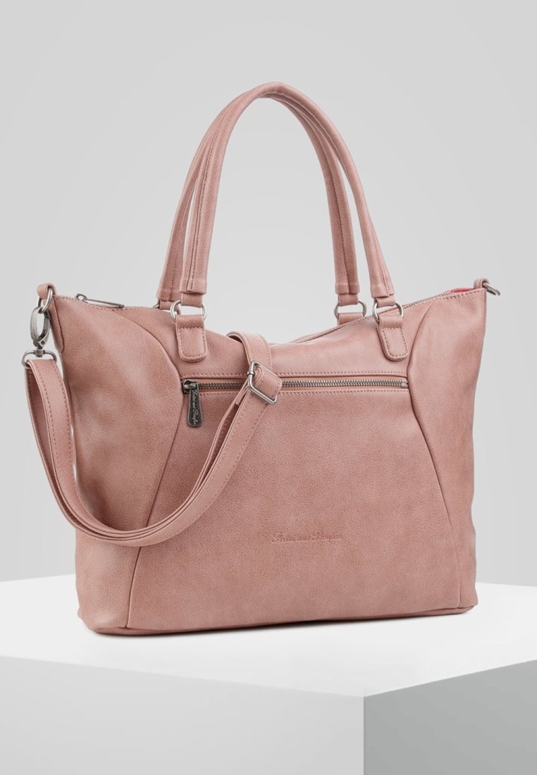 Różowa torebka z syntetycznej skóry z dwiema rączkami, kieszenią na zamek i kontrastową podszewką. Charakteryzuje się gładką fakturą i uporządkowanym kształtem.