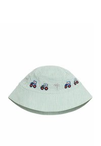 Striped green fabric bucket hat with embroidered blue tractors and palm trees, featuring a wide brim and soft texture.