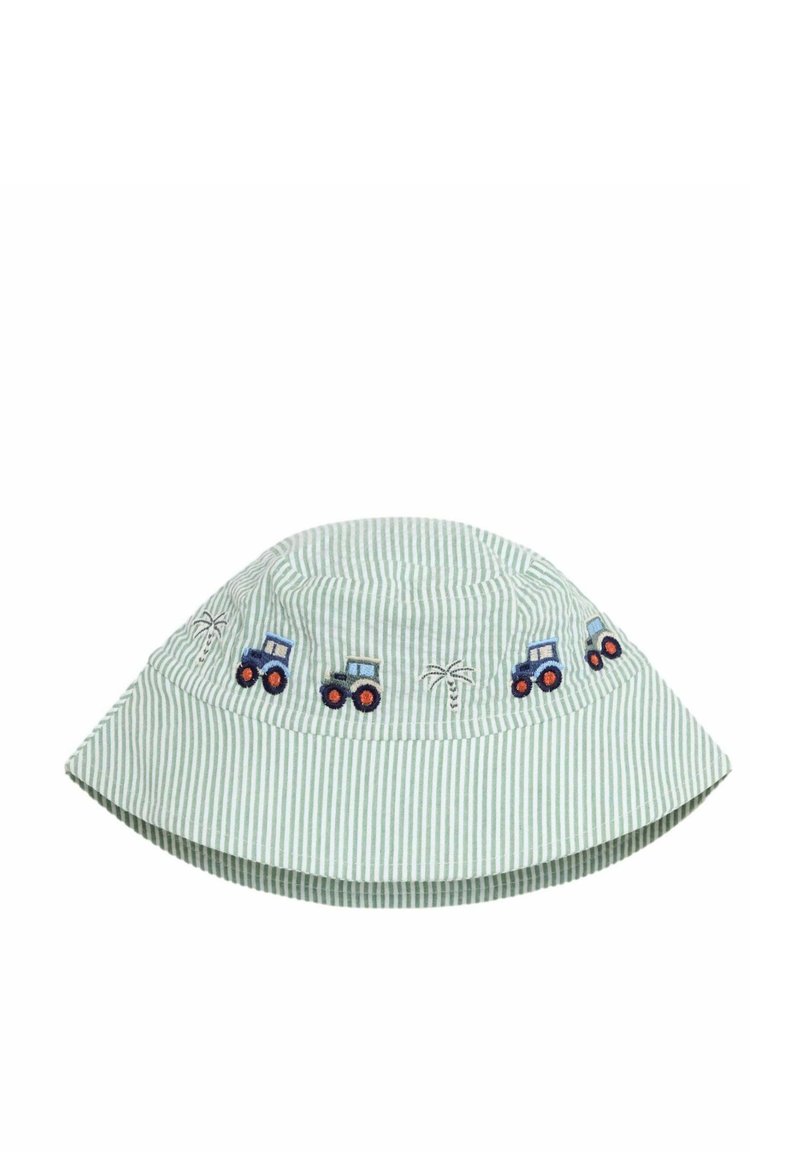 Striped green fabric bucket hat with embroidered blue tractors and palm trees, featuring a wide brim and soft texture.