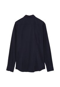 Camicia a maniche lunghe blu navy con colletto alla francese, taglio dritto, polsini con bottone e una texture liscia. Design minimalista senza motivi.