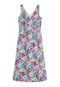 Robe fleurie avec un décolleté en V, sans manches, et un fond bleu agrémenté de motifs floraux roses, jaunes et verts.