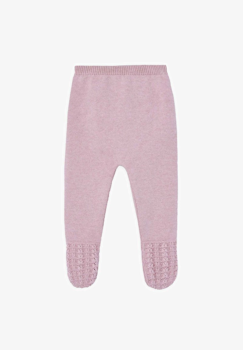 Pantalons pour bébé en tricot rose doux avec des pieds, présentant une taille côtelée et un motif tricoté texturé sur les pieds.