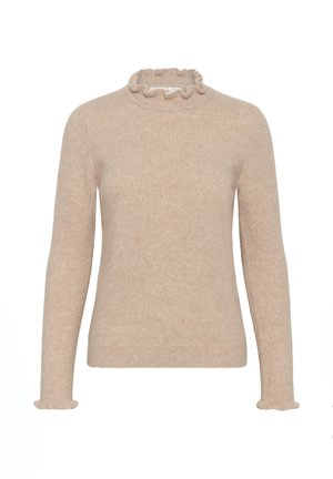 Beige Langarmpullover mit gerafftem Stehkragen und gerafften Bündchen. Hergestellt aus weichem, strukturiertem Stoff und im schmalen Schnitt.