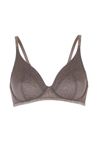 Sostenitore in pizzo marrone con sottile motivo leopardato, spalline sottili regolabili e coppe con ferretto su sfondo bianco.