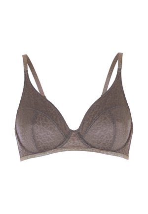 Sostenitore in pizzo marrone con sottile motivo leopardato, spalline sottili regolabili e coppe con ferretto su sfondo bianco.