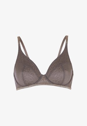 Sostenitore in pizzo marrone con sottile motivo leopardato, spalline sottili regolabili e coppe con ferretto su sfondo bianco.