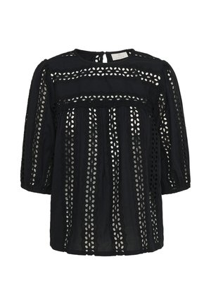 Svart bomullsblus med laserskuren detaljer, korta puffärmar, rund halsringning och en nyckelhålsstängning bak.