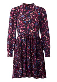 Šaty s dlouhým rukávem a vysokým výstřihem, plisovanou sukní a vícebarevným abstraktním vzorem na tmavém pozadí. Tkanina vypadá hladce.