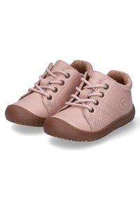 Pink leather shoes featuring a textured finish, round toe, brown rubber sole, and traditional lace-up design with metal eyelets.