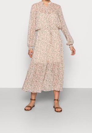 Robe midi fleurie rose clair avec manches longues, poignets froncés et ceinture assortie à nouer. Caractérisée par un ourlet fluide à volants et un imprimé délicat.