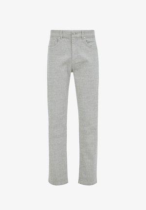 Harmaat suoralahkeiset housut, jotka on valmistettu tekstuurikankaasta. Housuissa on suora leikkaus, etupocketit ja nappikiinnitys. Yksinkertainen muotoilu ilman kuvioita.