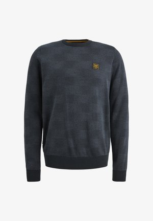 Tmavě šedý pletený svetr s kulatým výstřihem, žebrovanými manžetami a lemem. Obsahuje malou žlutou nášivku na levé části hrudníku.