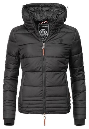Black quilted puffer jacket with a hood, front zipper closure, elastic cuffs, and subtle logo detailing on the chest. Smooth, glossy texture.