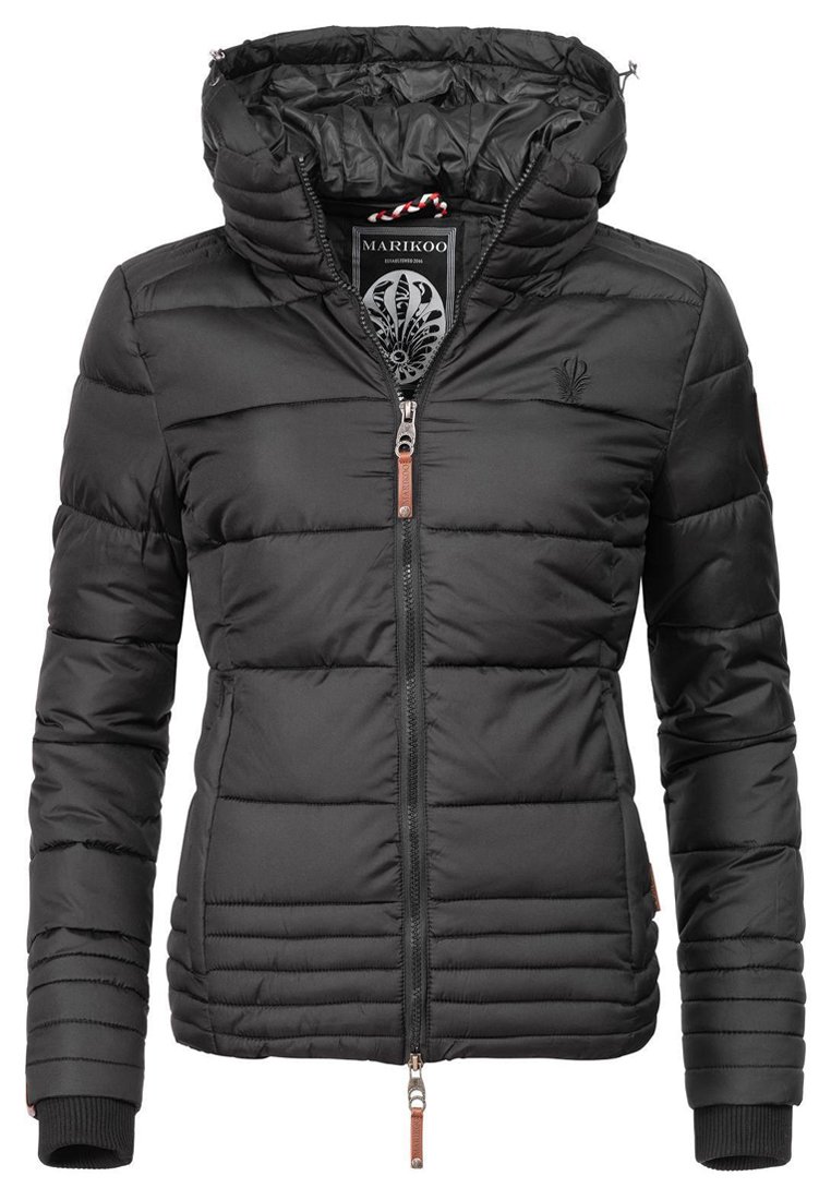 Black quilted puffer jacket with a hood, front zipper closure, elastic cuffs, and subtle logo detailing on the chest. Smooth, glossy texture.