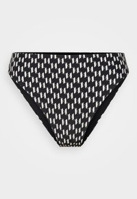Fekete bikini alsó, fehér textúrált geometriai mintával, magas oldalvágással és sima felülettel. Fürdőruhának alkalmas.
