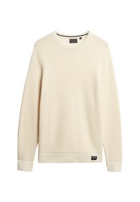 Cremfarbener Waffelstrick-Pullover mit rundem Halsausschnitt und langen Ärmeln. Verfügt über einen gerippten Saum und ein kleines Logotag am unteren Rand.