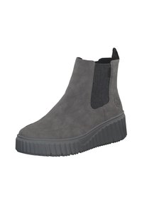 Bottines en daim gris avec un panneau latéral élastiqué texturé et une semelle épaisse en caoutchouc. Présente des détails cousus et un accent de logo.