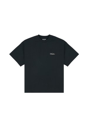 T-shirt en coton noir à coupe relaxe, avec un petit logo brodé blanc sur la poitrine et un col rond. Texture douce.