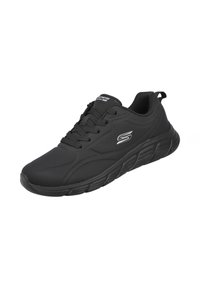 Zapatilla deportiva negra con cordones en la parte frontal, suela acolchada, paneles laterales perforados y logotipo blanco en el lado exterior.