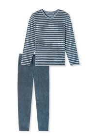 Ensemble de pyjama rayé en bleu marine et gris clair ; haut à manches longues en V avec des rayures horizontales, pantalons assortis en tissu doux avec taille à cordon.