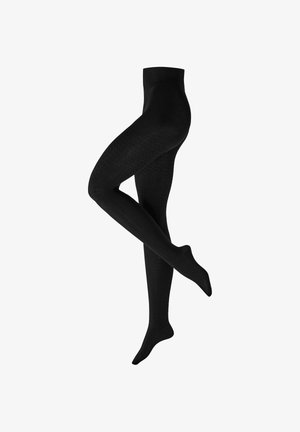 Collant opachi neri con trama texturizzata mostrati su gambe incrociate, che mettono in evidenza la vestibilità e il motivo del tessuto su uno sfondo bianco.