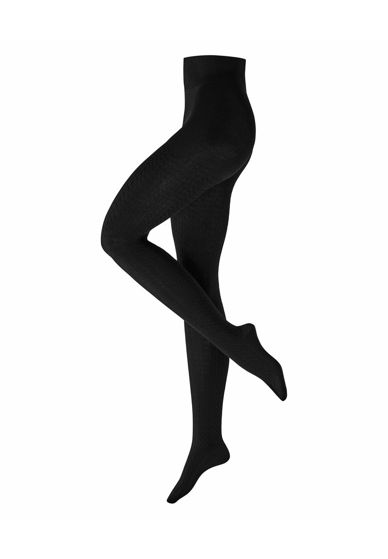 Schwarze, strukturierte, undurchsichtige Strumpfhosen, dargestellt auf gekreuzten Beinen, die Passform und Stoffmuster vor einem weißen Hintergrund hervorheben.