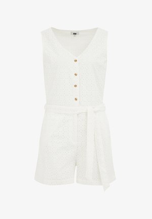 Valge õlatuseta kombekas, millel on V-kaelus, nööpide eesosa ja vööd. Omab tekstuurset kangast, millel on väiksed lõikemustritega detailid.