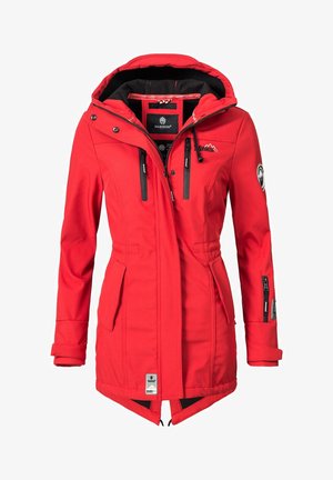 Red waterproof jacket featuring a zip-up front, zippered chest pockets, and a built-in hood. Soft texture with branding on the sleeve.