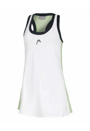 Weißes ärmelloses Sport-Tanktop mit schwarzem Besatz und kleinem dunklem Logo auf der Brust, mit Racerback-Design und hellgrünen Seitenteilen.