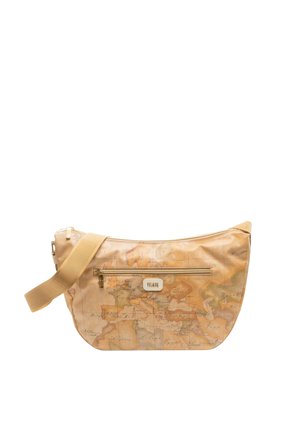 Borsa a tracolla beige con stampa vintage della mappa dell'Europa, caratterizzata da una tasca frontale con cerniera e tracolla regolabile.