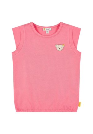 Rosa ärmelloses Baumwolloberteil mit einem Bären-Applikation auf der Brust. Gerader Saum mit Seitennaht, minimalistisches Design und weiche Textur.