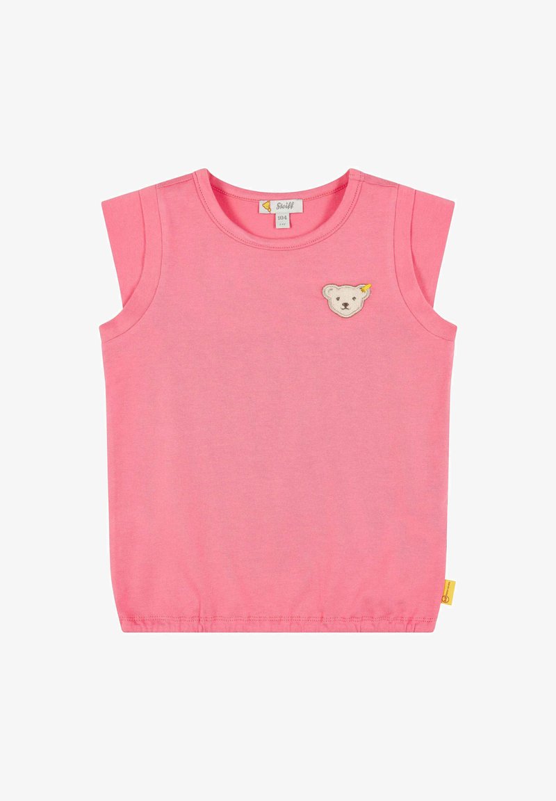 Růžový bezrukávový bavlněný top s aplikací medvěda na hrudi. Přímý lem s bočním švem, minimalistický design a měkká textura.