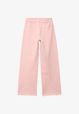 Lichtroze, wijde jeans met hoge taille, voorste knoop- en ritssluiting en ontwerp met vijf zakken.