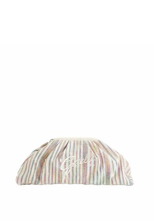 Piccola pochette con strisce verticali multicolori e logo bianco "Ganni" in corsivo centrato su sfondo bianco.