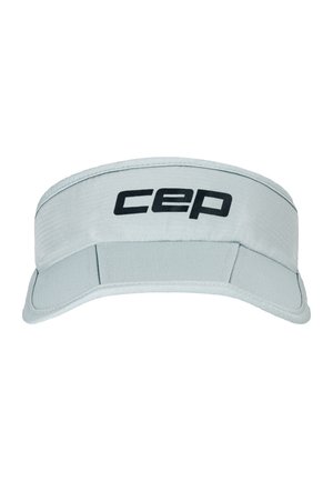 Hellgraues Sport-Visier mit schwarzem „cep“-Logo mittig auf dem Frontband, mit breiter Krempe und verstellbarem Riemen hinten.