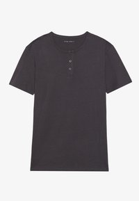 Mørk grå kortermet T-skjorte laget av myk stoff, med rund halsringning og tre-knappers placket på brystet. Glatt tekstur.
