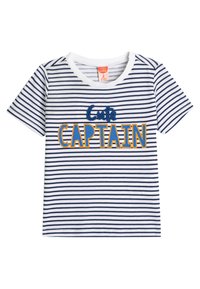 Valkoinen ja tummansinihi stripeinen lyhythihainen T-paita, jossa etuosassa on keltainen ja sininen brodeeraus, jossa lukee "Cute CAPTAIN".
