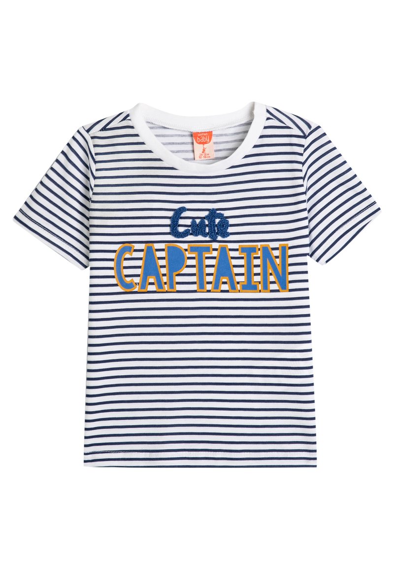 Valkoinen ja tummansinihi stripeinen lyhythihainen T-paita, jossa etuosassa on keltainen ja sininen brodeeraus, jossa lukee "Cute CAPTAIN".