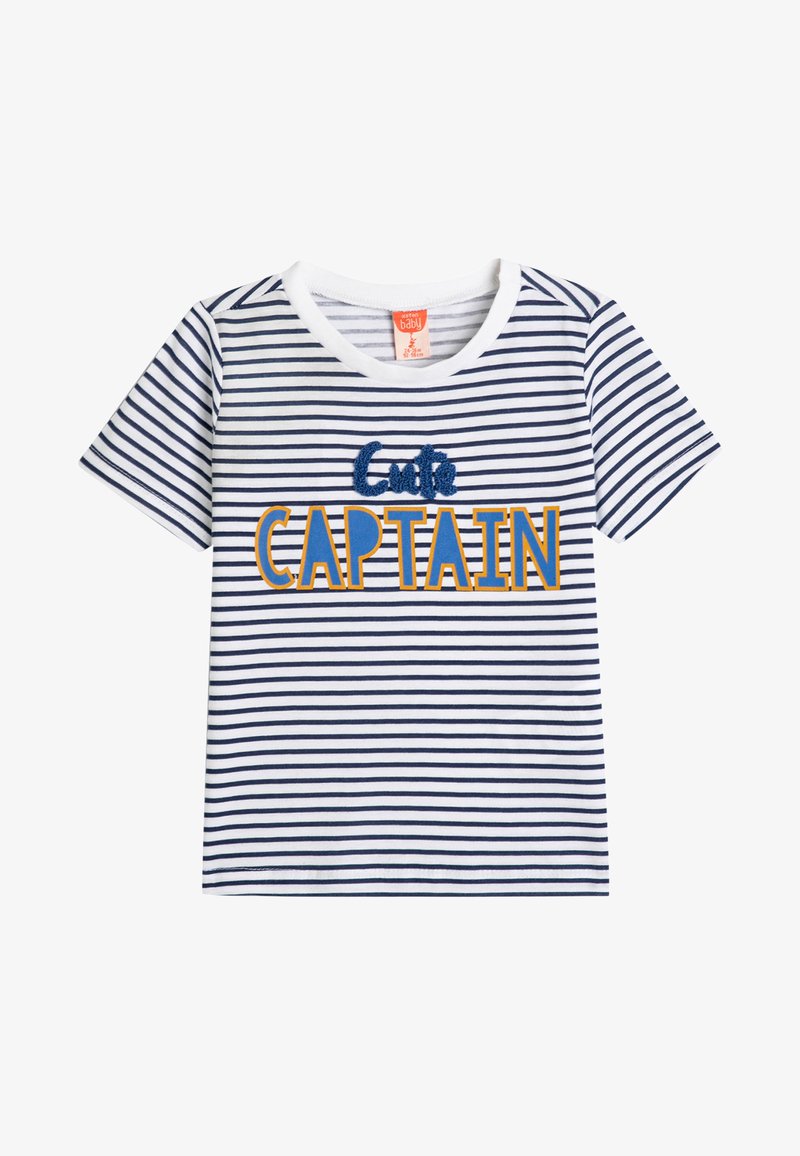 Valkoinen ja tummansinihi stripeinen lyhythihainen T-paita, jossa etuosassa on keltainen ja sininen brodeeraus, jossa lukee "Cute CAPTAIN".