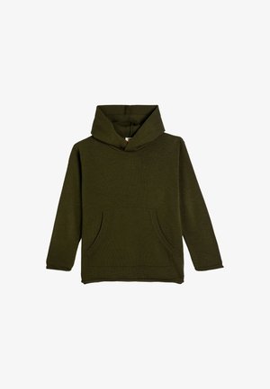 Sudadera con capucha de color verde oscuro, hecha de tejido texturizado. Presenta una gran capucha y dos bolsillos frontales. Mangas largas con un corte relajado.
