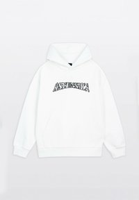 Biała kanwa z kapturem, z przednią kieszenią i czarnym stylizowanym napisem "ASCENSION" na piersi.