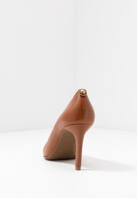 Chaussure à talons hauts en cuir marron avec un bout pointu, une texture lisse et un accent doré au talon. Le talon est fin et mesure environ 10 cm.